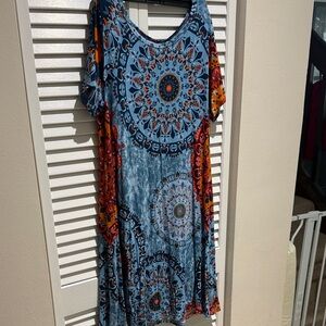 Popyoung Bohemian Blue and Orange Mandala Dress size L